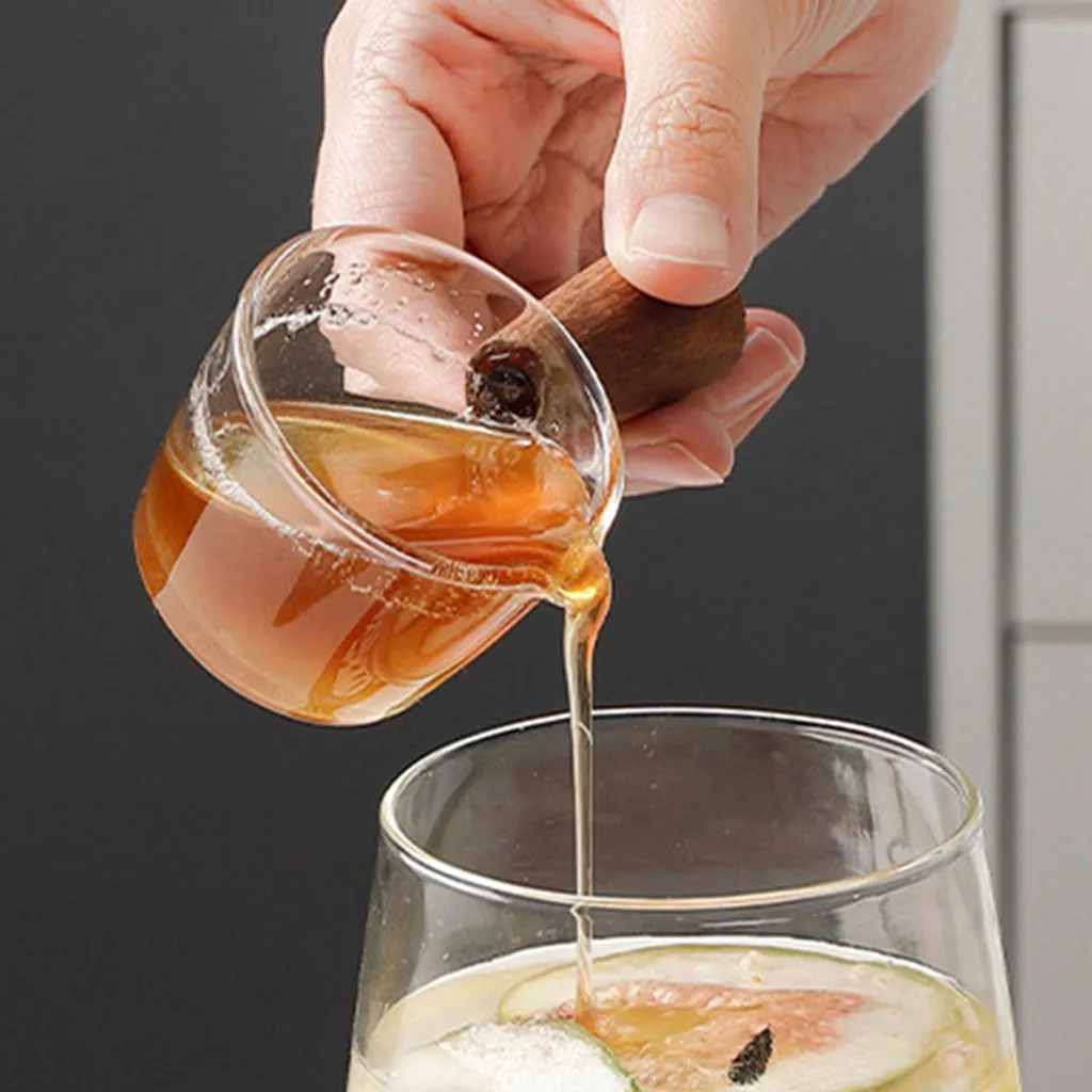 3 Stück Glas Messbecher Hitzebeständiger Holzgriff Glaswaage Tasse Milchtasse Glasmessbecher 50ml/100ml/150ml – Bild 3