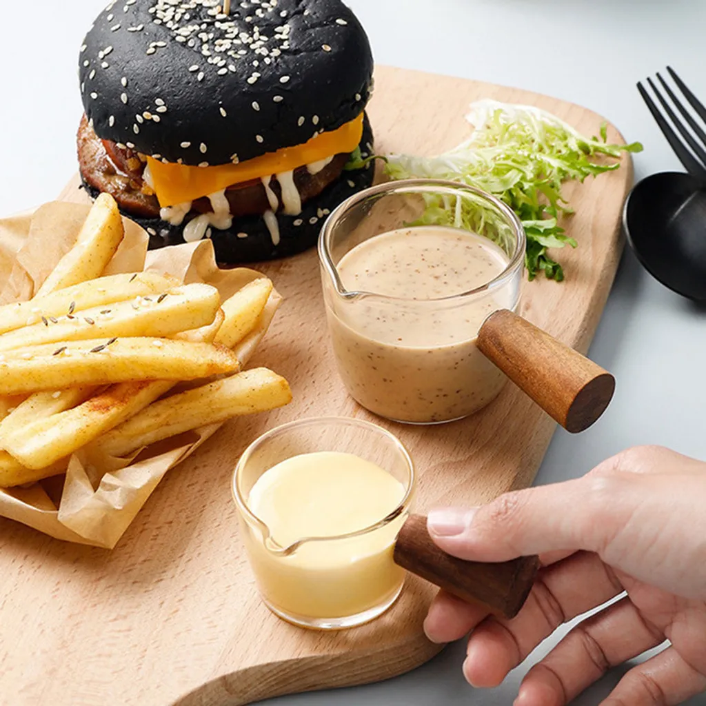 3 Stück Glas Messbecher Hitzebeständiger Holzgriff Glaswaage Tasse Milchtasse Glasmessbecher 50ml/100ml/150ml – Bild 4